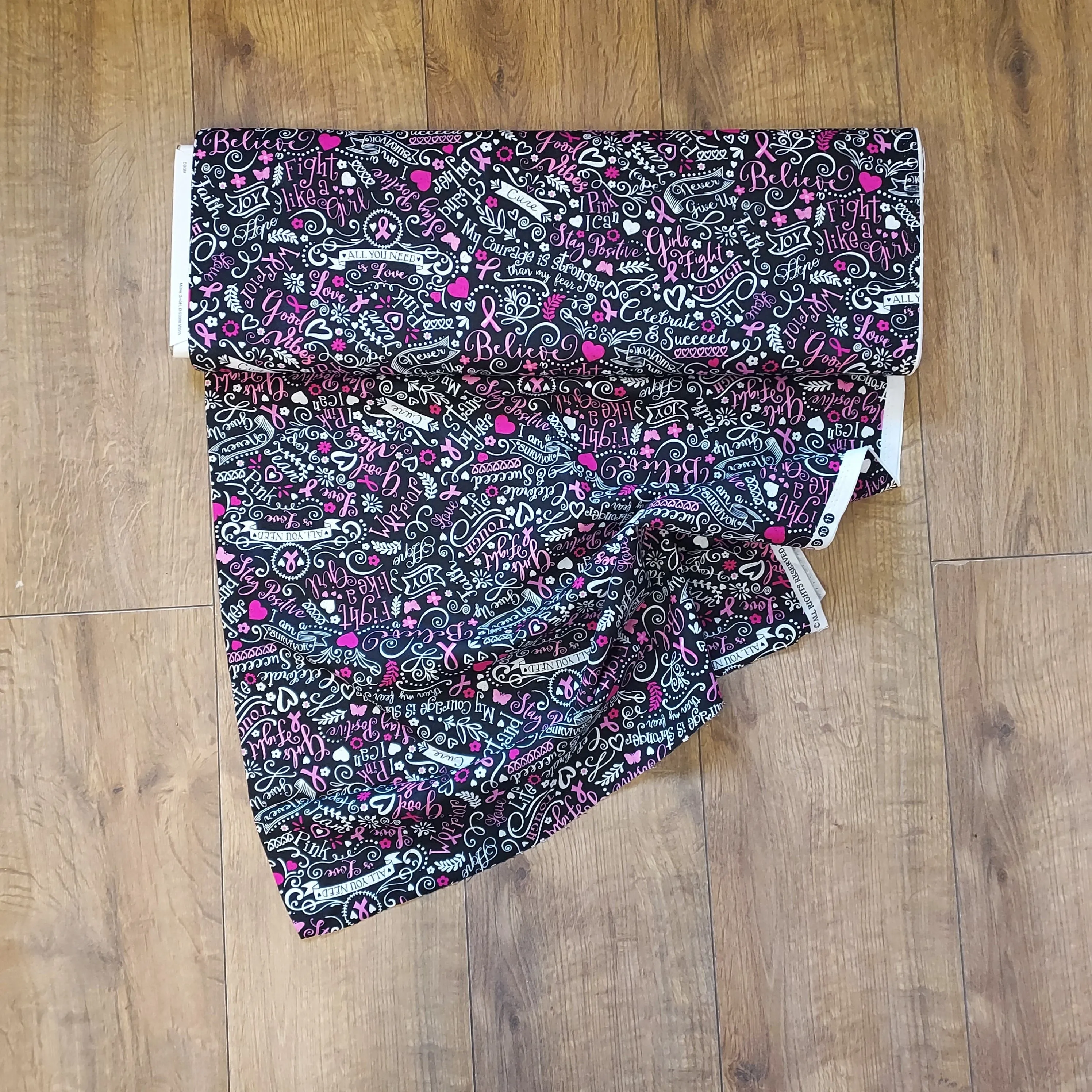 Timeless Treasures 'Think Pink' Black and Pink Graffiti Motif Cotton Fabric.