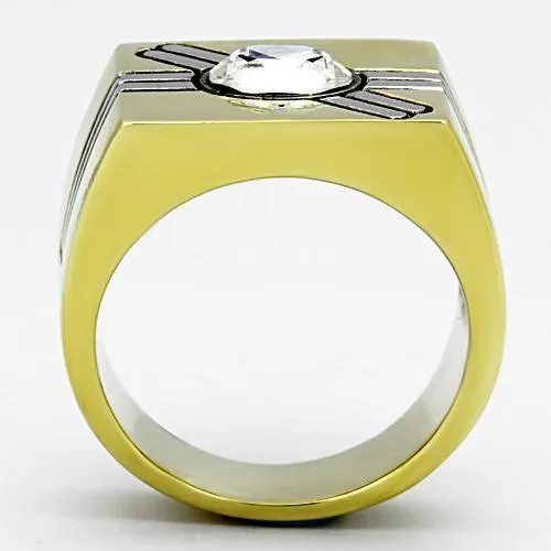 Two-Tone IP Gold (Ion Plating) Stainless Steel Ring with Top Grade Crystal in Clear for Women Style TK1065