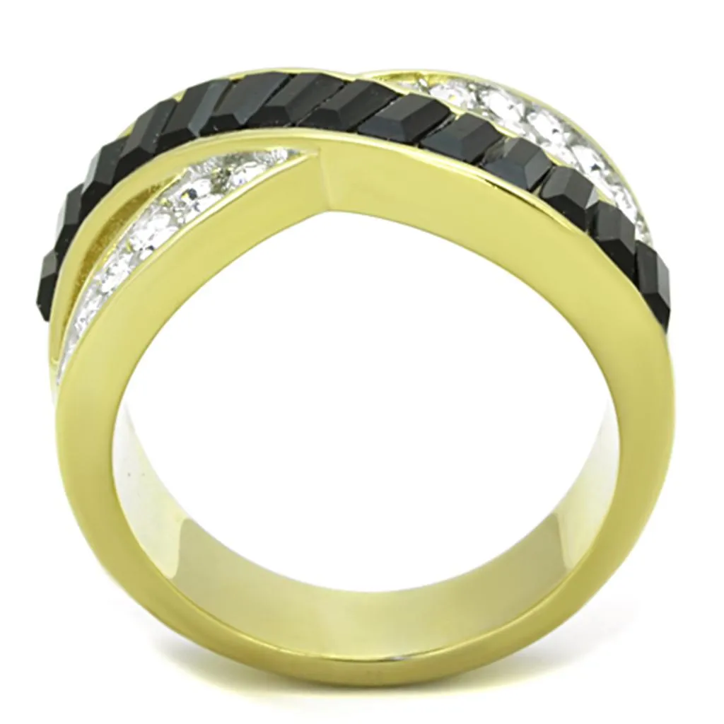 Two-Tone IP Gold (Ion Plating) Stainless Steel Ring with Top Grade Crystal in Jet for Women Style TK1577