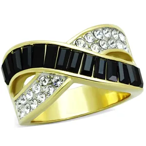 Two-Tone IP Gold (Ion Plating) Stainless Steel Ring with Top Grade Crystal in Jet for Women Style TK1577