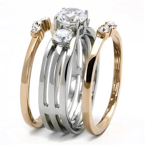 Two-Tone IP Rose Gold Stainless Steel Ring with AAA Grade CZ in Clear for Women Style TK3212