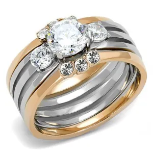 Two-Tone IP Rose Gold Stainless Steel Ring with AAA Grade CZ in Clear for Women Style TK3212