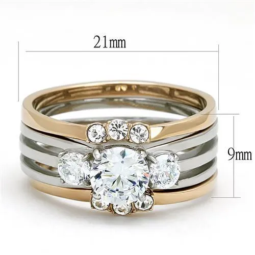 Two-Tone IP Rose Gold Stainless Steel Ring with AAA Grade CZ in Clear for Women Style TK3212