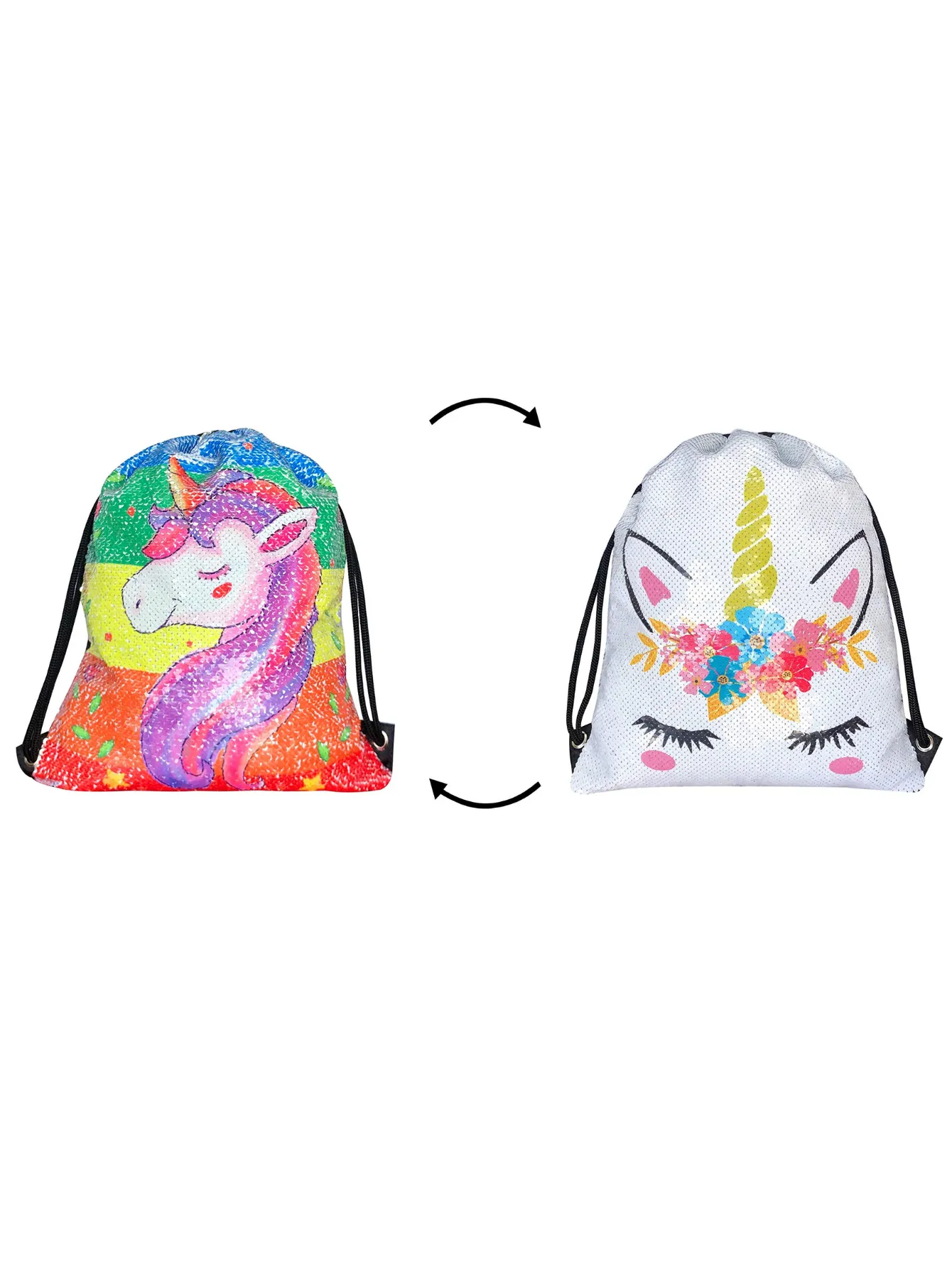 Unicorn Gifts for Girls - Unicorn Drawstring Backpack/Makeup Bag/Bracelet/Necklace/Hair Ties/Keychain/Sticker (Sequin Head-Flower 2)