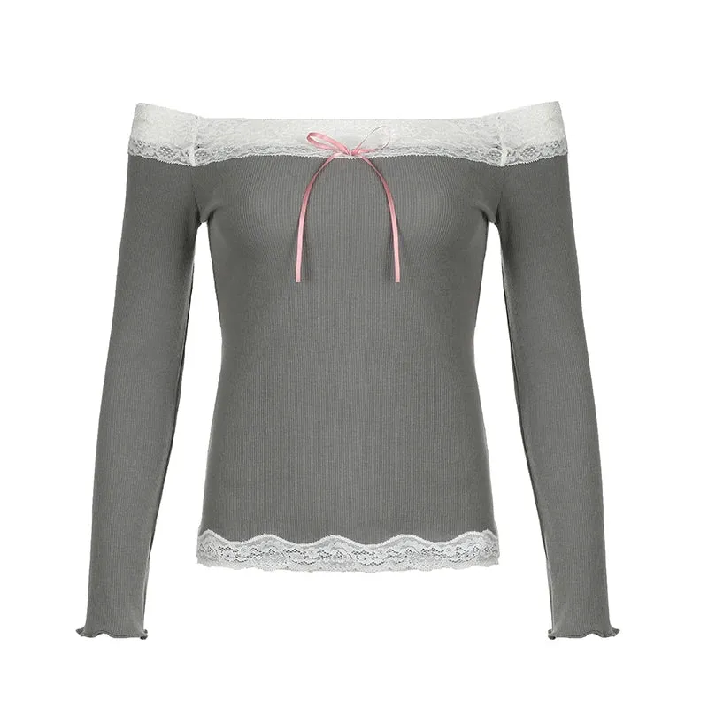 Vintage Fashion Skinny Women Tee Shirt Slim Lace Patched Top Off Shoulder Bow Y2K Aesthetic 90s Spring Shirt Clothing
