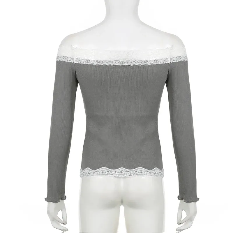 Vintage Fashion Skinny Women Tee Shirt Slim Lace Patched Top Off Shoulder Bow Y2K Aesthetic 90s Spring Shirt Clothing