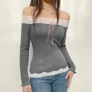 Vintage Fashion Skinny Women Tee Shirt Slim Lace Patched Top Off Shoulder Bow Y2K Aesthetic 90s Spring Shirt Clothing
