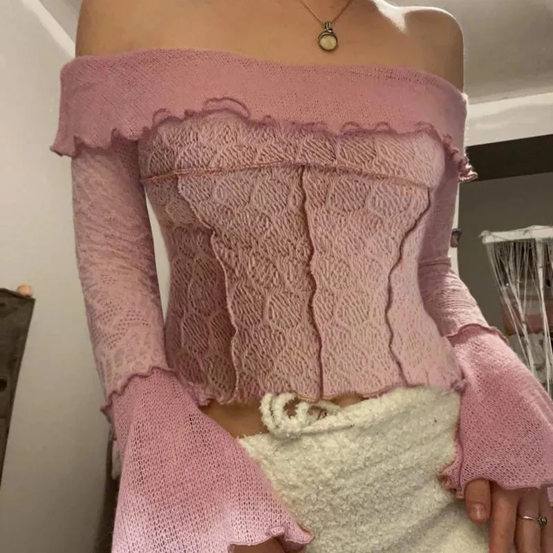 Vintage Y2K Party Lace T shirt Ladies Slim Short Stitch Flare Sleeve Chic Off Shoulder Top Design 2000s Aesthetic Tee